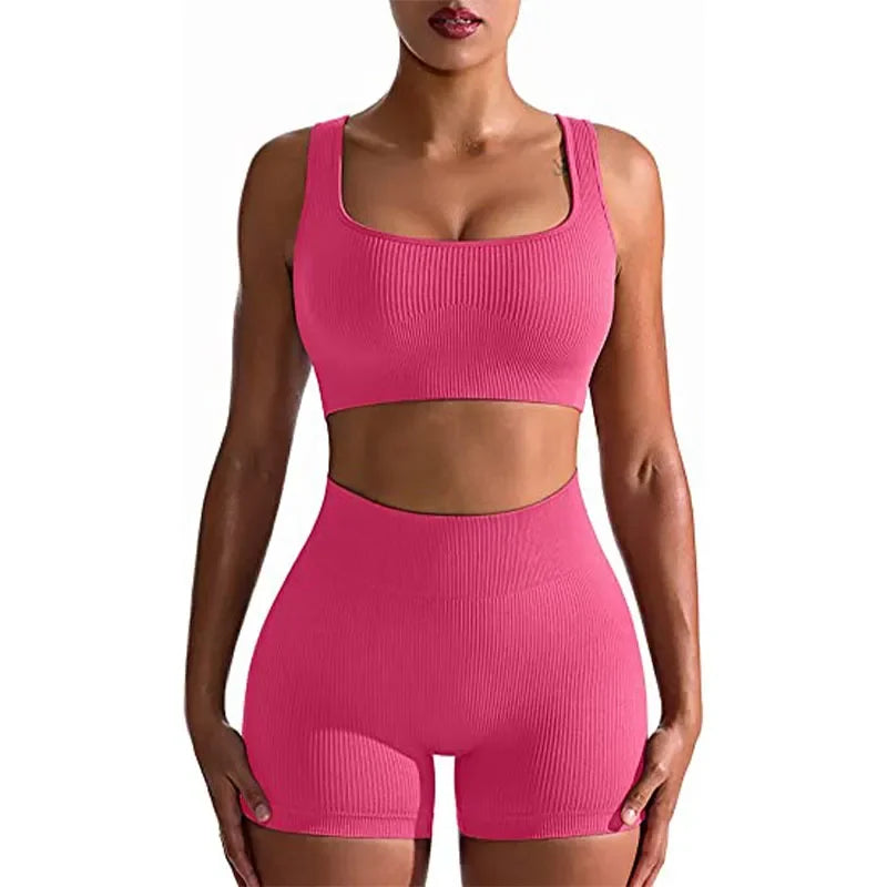 Nahtloses 2-teiliges Sportset mit geripptem Top und High-Waist-Shorts – atmungsaktiv, elastisch und perfekt für Workout oder Yoga.