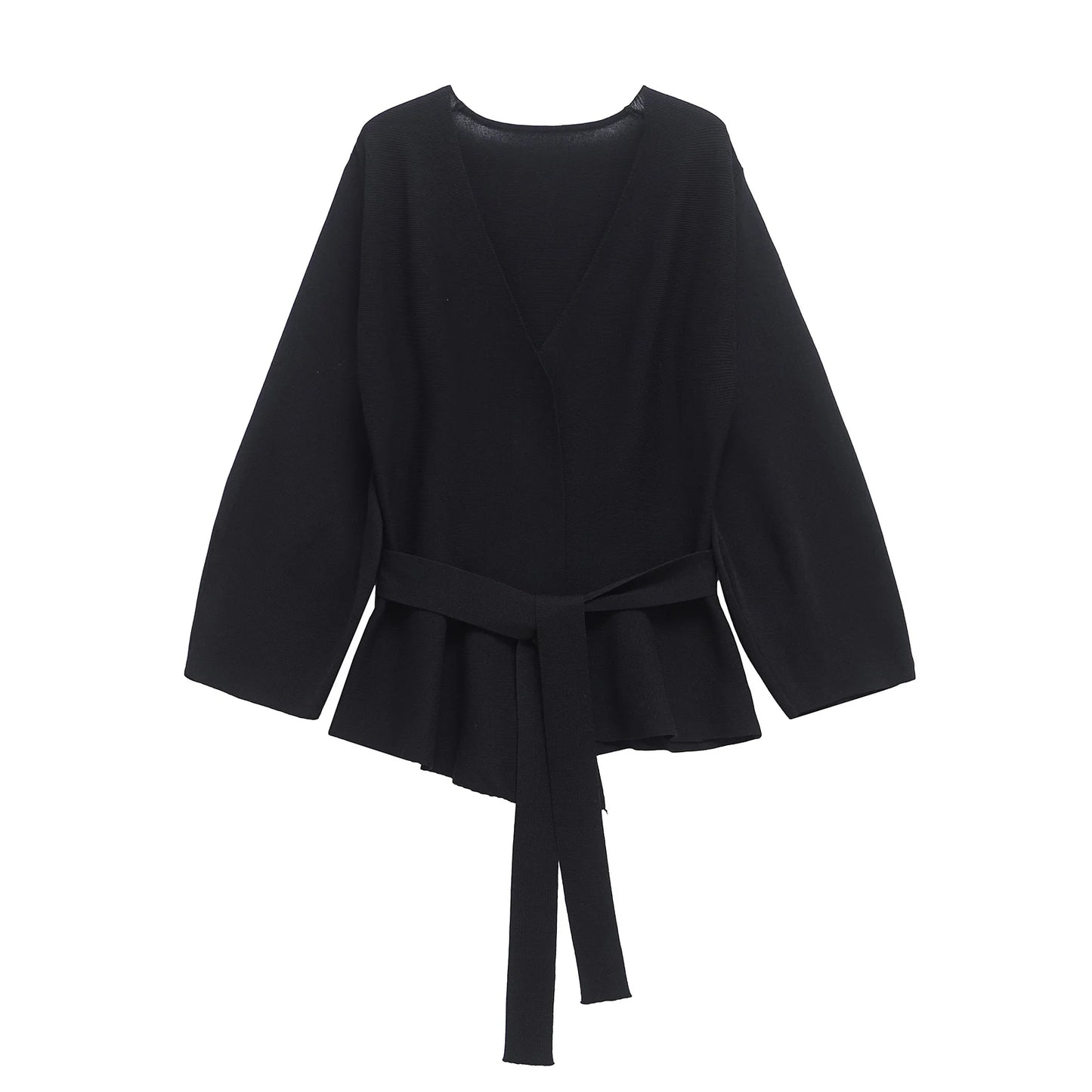Leichter Strickcardigan mit V-Ausschnitt, Bindegürtel und schmalem Schnitt – ideal für stylische Y2K-Looks im Alltag.