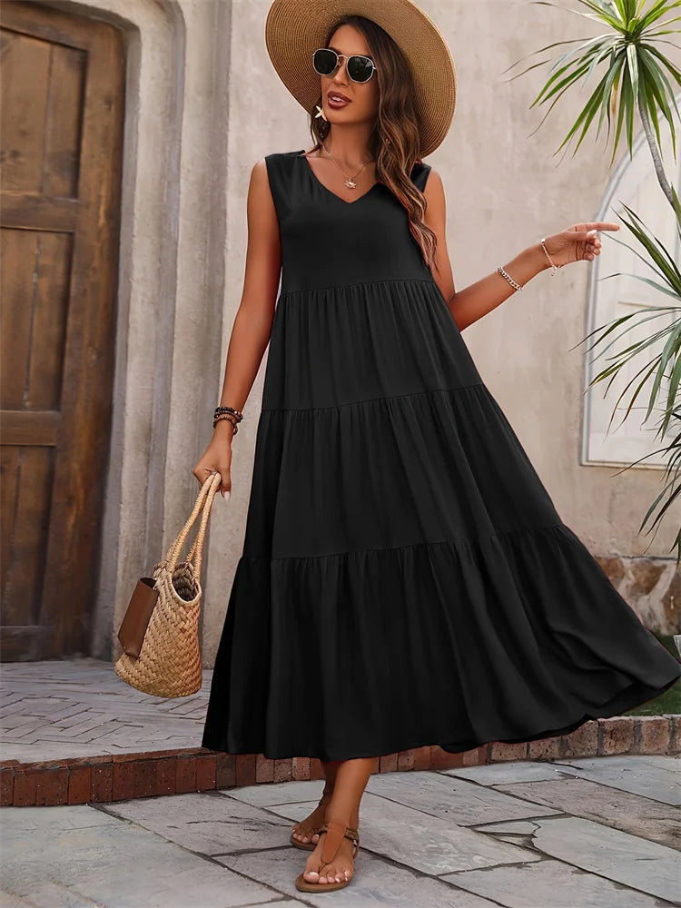 Langes Sommerkleid – Luftiges Maxikleid mit V-Ausschnitt & Rüschen für stilvolle Urlaubsmomente