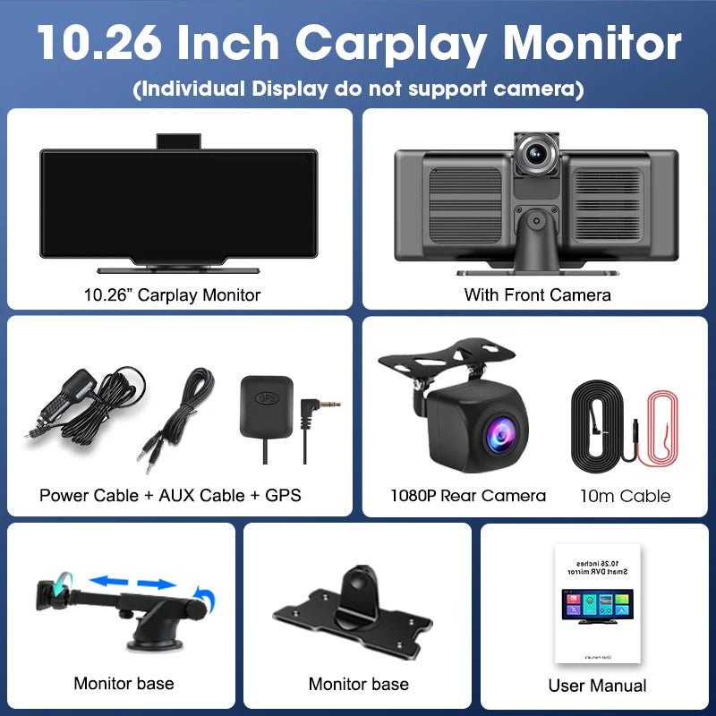 10,26" 4K Dashcam mit Rückspiegel-Display, Wireless CarPlay & Android Auto, GPS & Rückfahrkamera – Multimedia & Sicherheit in einem.