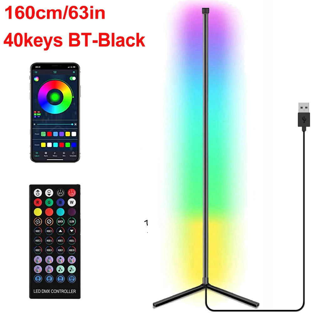 Lampe d'angle Bluetooth Smart APP 160 cm Dimmable RGB LED Lumière d'ambiance Alexa Lampe sur pied pour chambre à coucher Décoration de jeu Noël