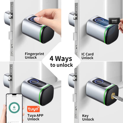 Smart cylinder lock with fingerprint, Bluetooth & IC card – easy installation, including battery and Tuya app control.