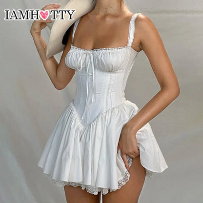 IAMHOTTY A-Linien Kleid – Hochwertiges Spitzenkleid in Weiß mit Korsett-Design. Ärmellos, elegant und verspielt für einen stilvollen Auftritt bei jedem Anlass.