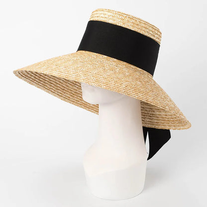 2024 Summer Straw Hat Beach Hat Women's Seaside Sun Hat Vacation Bow Ribbon Flat Top Big Brim Straw Hat