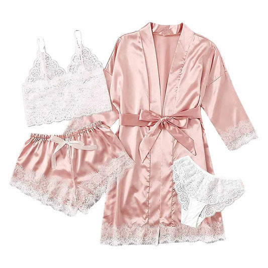 4-teiliges Satin-Schlafset mit Spitze – inkl. Shorts, Top, Hose & Robe – elegant, bequem und perfekt für stilvolle Sommernächte.