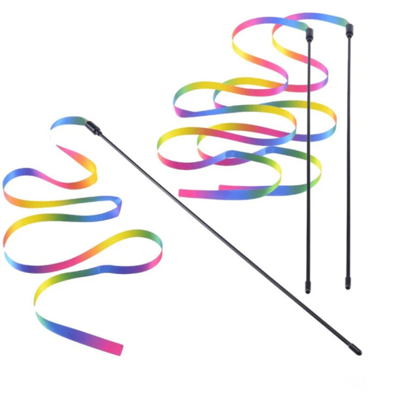 Katzenspielangel mit bunten Regenbogenbändern – interaktiv, lustig und ideal zum Jagen, Springen und gemeinsame Spielzeit.