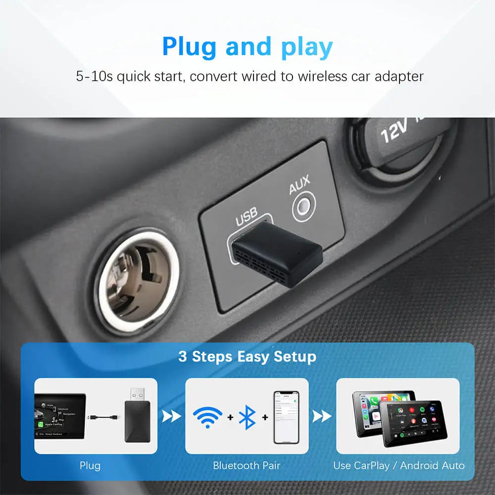 Kabelloser CarPlay & Android Auto Adapter – Mini-Box, Plug-and-Play, schnelle Verbindung per WLAN, passend für Toyota & mehr.