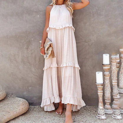 Langes Rüschenkleid – Elegantes ärmelloses Maxikleid für stilvolle Auftritte am Strand oder abends