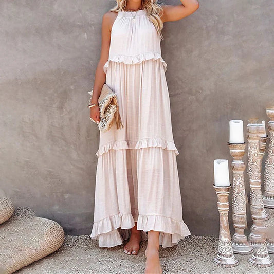 Langes Rüschenkleid – Elegantes ärmelloses Maxikleid für stilvolle Auftritte am Strand oder abends