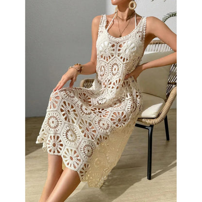 3D Blumen Strickkleid – Langes Kleid mit tiefem V-Ausschnitt, rückenfrei und Schnürdesign. Stilvoll und luftig für einen unvergesslichen Sommerlook.