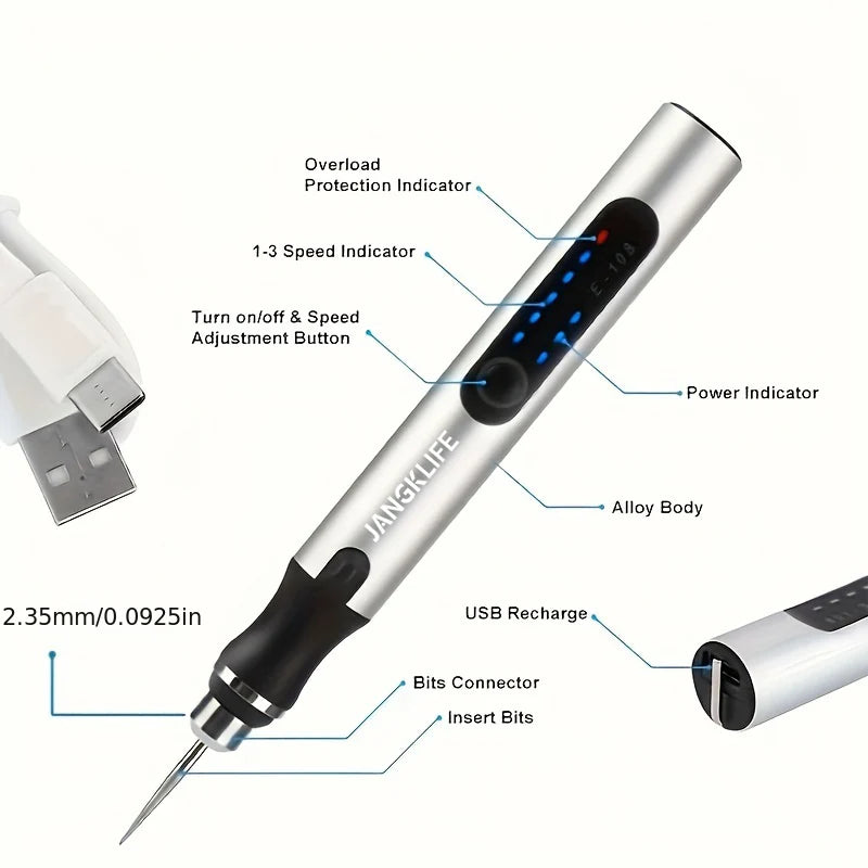 Kabelloses USB-Rotationswerkzeug-Set – kompakter Gravurstift für Holz, Metall, Glas & Schmuck, ideal für präzises DIY & Handwerk.