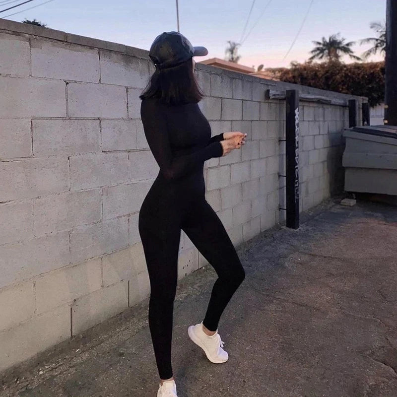 Langarm Jumpsuit – Elastischer Einteiler in Schwarz/Grau, Figurbetontes Design für Sport & Streetwear