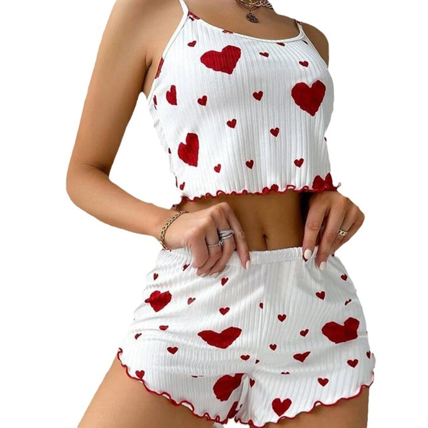 Zweiteiliges Pyjama-Set mit Tanktop und Shorts – weich, luftig und mit Herzprint, ideal für entspannte Nächte im Sommer.