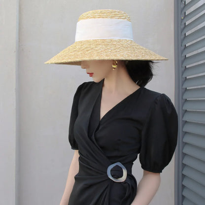 2024 Summer Straw Hat Beach Hat Women's Seaside Sun Hat Vacation Bow Ribbon Flat Top Big Brim Straw Hat