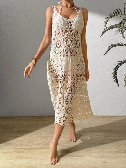 3D Blumen Strickkleid – Langes Kleid mit tiefem V-Ausschnitt, rückenfrei und Schnürdesign. Stilvoll und luftig für einen unvergesslichen Sommerlook.