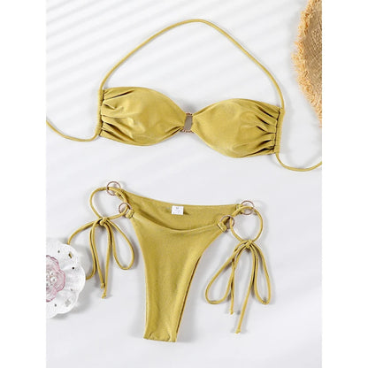 Push-Up Bikini-Set – Glänzendes Design mit Halter-Trägern & Bandage-Details für stylischen Auftritt