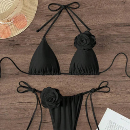 3D-Blumen Halter-Bikini – Zweiteiliges Set mit Trägerdesign