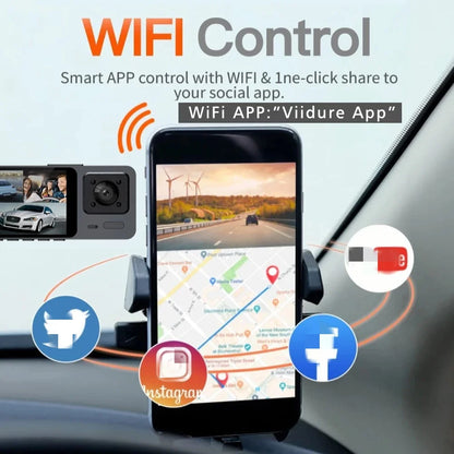 3-Kanal-Dashcam mit WLAN und Full HD – drei Linsen für Front, Innenraum & Heck, ideal für umfassende Videoüberwachung im Auto.