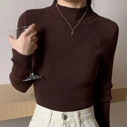Fitted knit sweater with stand-up collar – simple, cozy, and perfect for stylish looks on cool days.