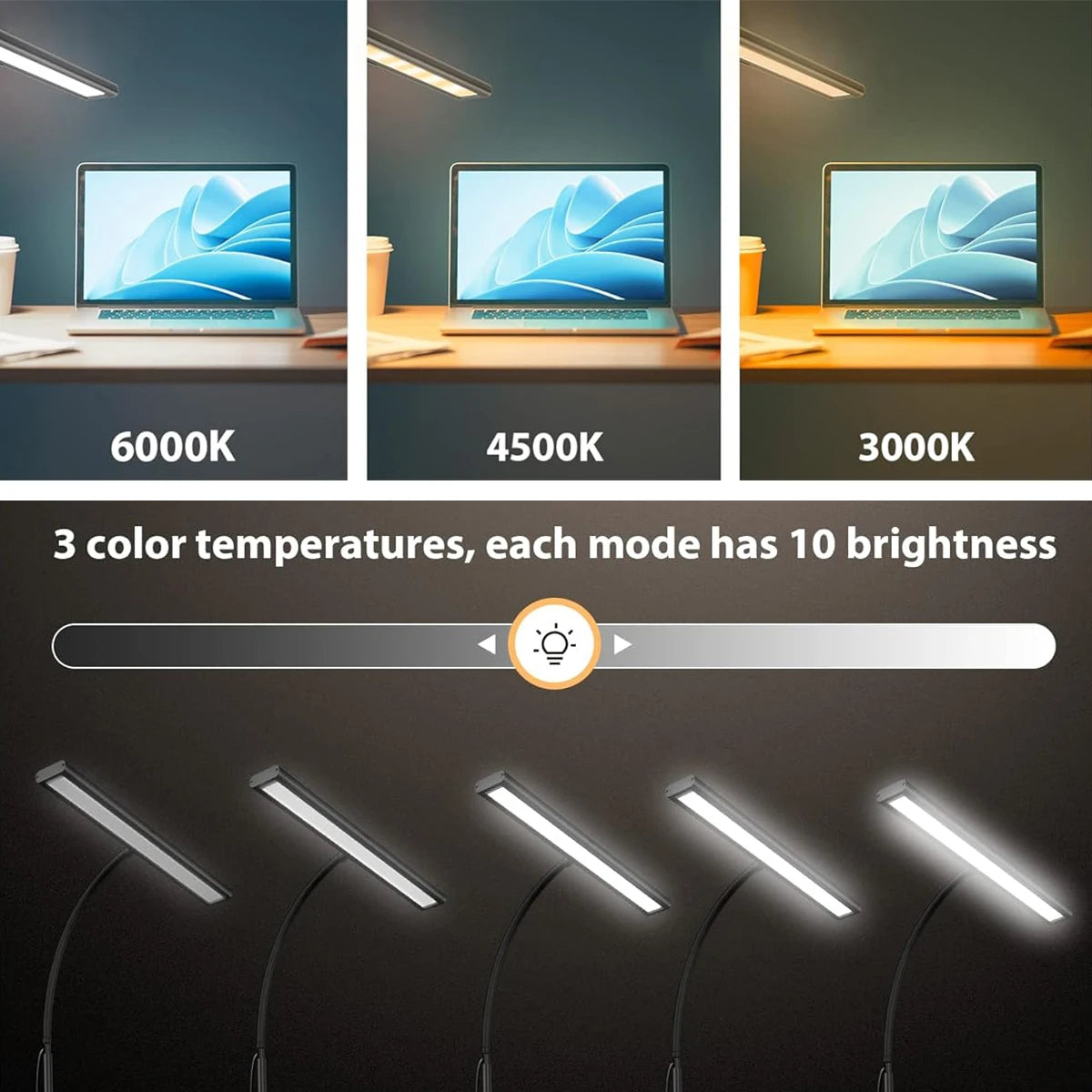 LED-Schreibtischlampe mit flexiblem Hals, stufenlos dimmbar und einstellbarer Lichtfarbe – augenschonend für Büro oder Zuhause.