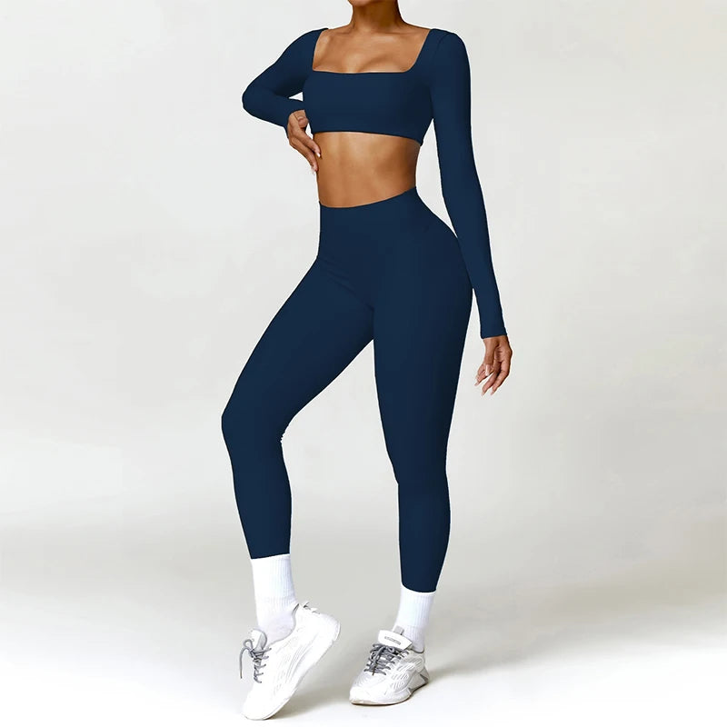 Conjunto deportivo de 2 piezas con camiseta de manga larga de secado rápido y leggings – cómodo, funcional y perfecto para yoga, entrenamiento o correr.
