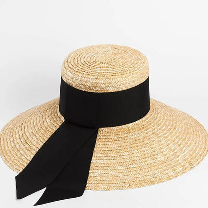 2024 Summer Straw Hat Beach Hat Women's Seaside Sun Hat Vacation Bow Ribbon Flat Top Big Brim Straw Hat