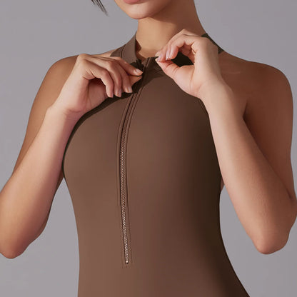 Rückenfreier Sport-Jumpsuit – Scrunch-Design, ärmellos mit Reißverschluss für Po-Lifting und Fitness