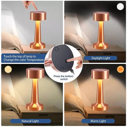 Retro Metall-Tischlampe mit Touch-Funktion – LED-Licht, USB-aufladbar und ideal als Deko für Tisch oder Raum.