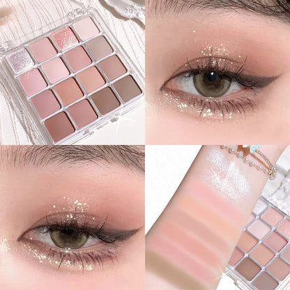 Lidschattenpalette mit 16 Sunset-Farbtönen – Mix aus matten & schimmernden Erdtönen, ideal für vielseitige Alltags- und Abendlooks im Korean-Style.