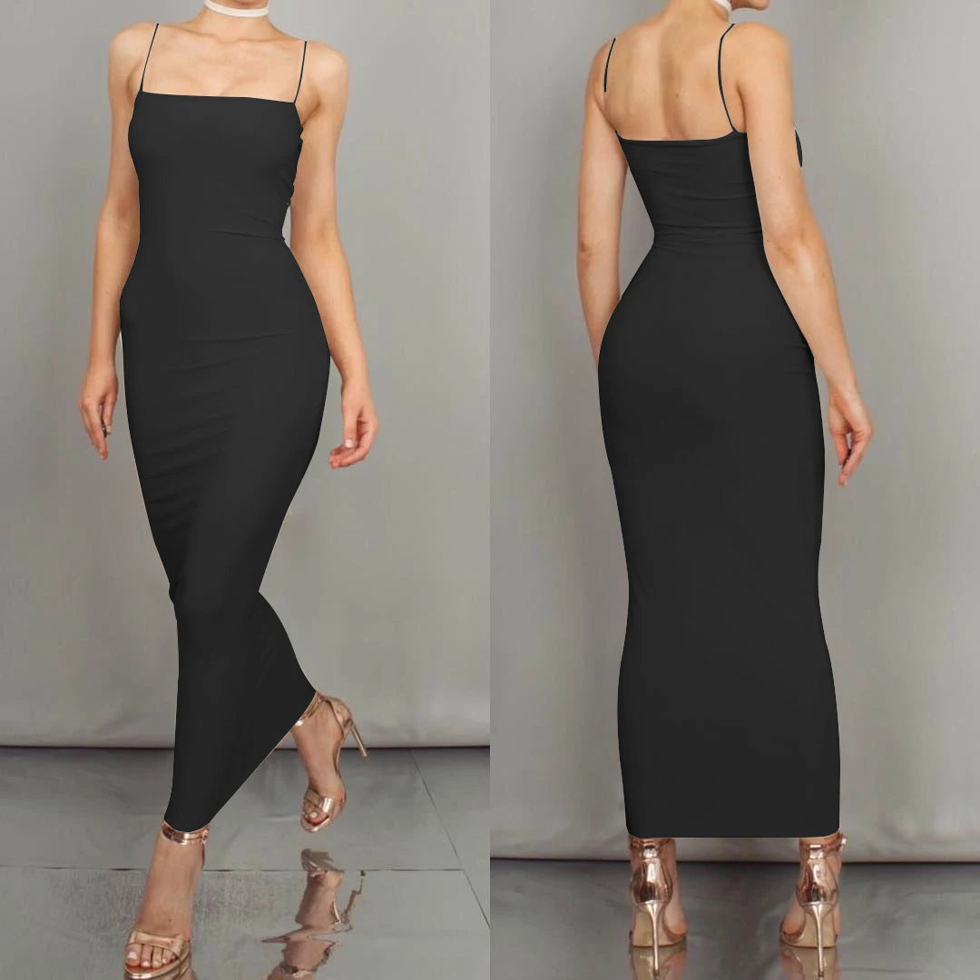 Langes Spaghettiträgerkleid im figurbetonten Schnitt – leicht, sexy und ideal für Clubnächte oder stylische Sommerlooks.