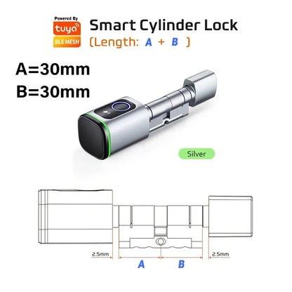 Smart cylinder lock with fingerprint, Bluetooth & IC card – easy installation, including battery and Tuya app control.