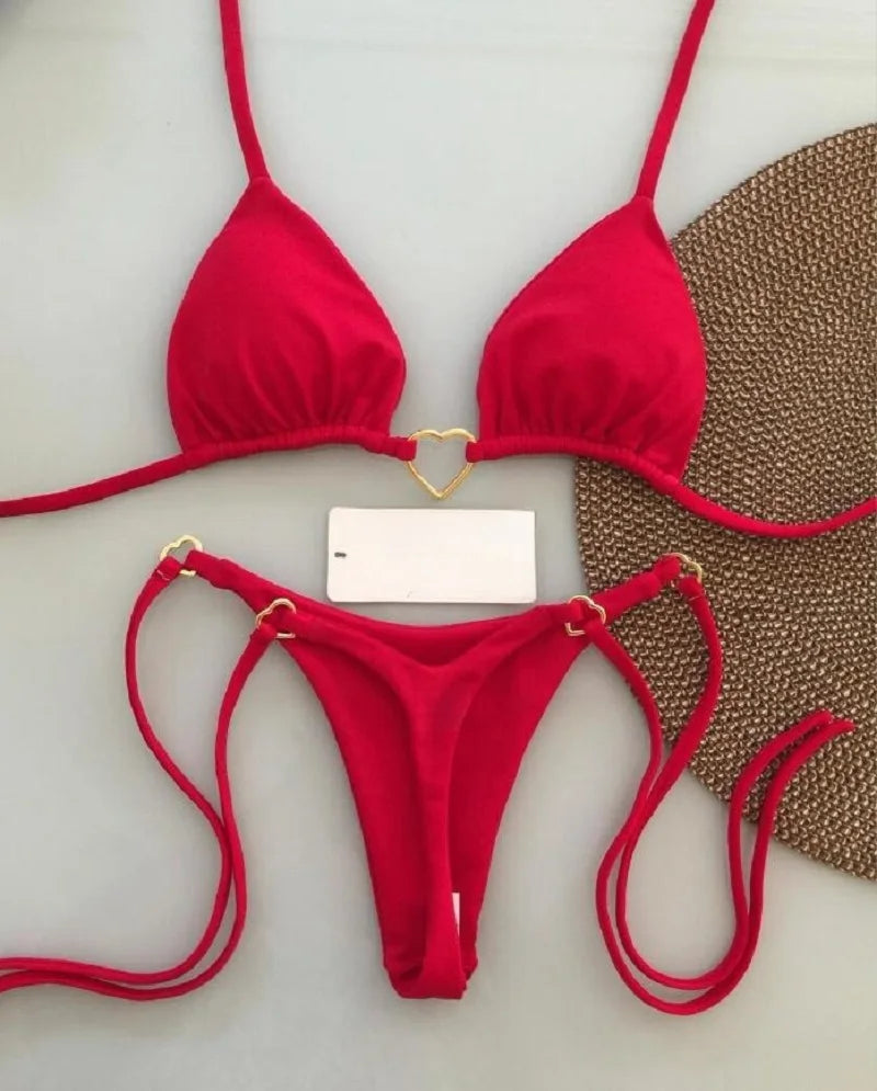 Halter-Bikini Set – Zweiteiliges Triangle-Thong Design in Uni-Farben