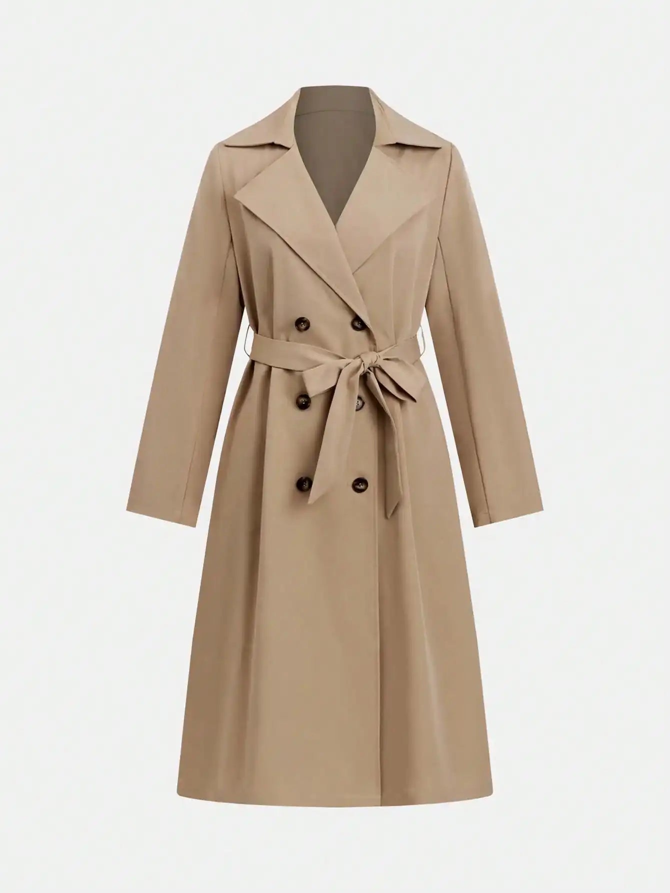 Eleganter Trenchcoat mit Taillengürtel und doppelter Knopfleiste – britischer Stil, figurbetont und perfekt für stilvolle Alltagslooks.