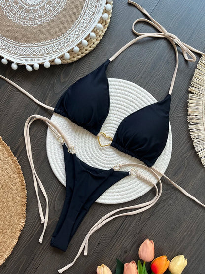 Halter-Bikini Set – Zweiteiliges Triangle-Thong Design in Uni-Farben