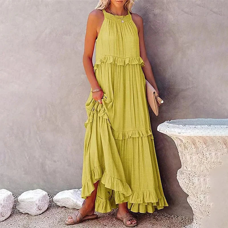 Langes Rüschenkleid – Elegantes ärmelloses Maxikleid für stilvolle Auftritte am Strand oder abends