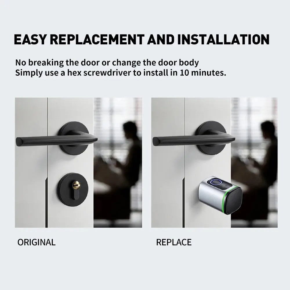 Smart cylinder lock with fingerprint, Bluetooth & IC card – easy installation, including battery and Tuya app control.