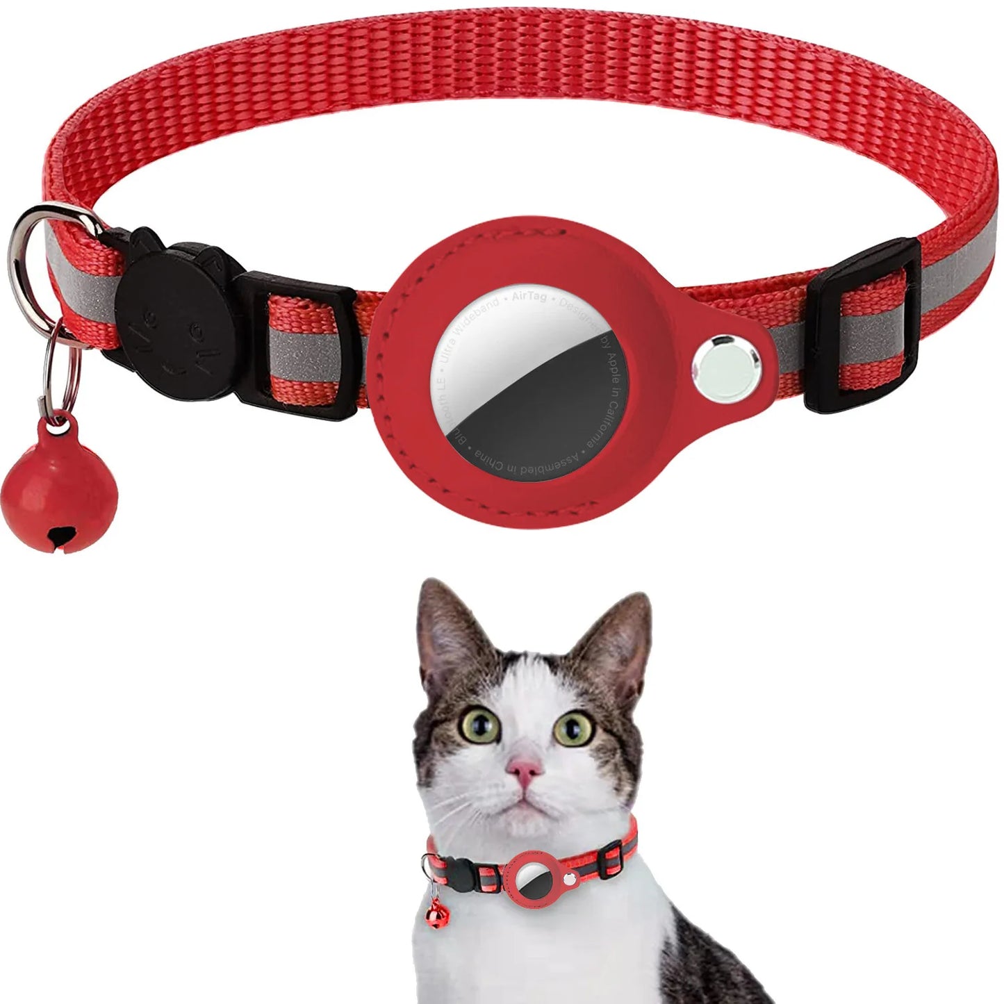 AirTag Katzenhalsband – Verstellbares, reflektierendes Sicherheitsband mit AirTag-Halterung und Glöckchen