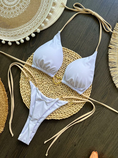 Halter-Bikini Set – Zweiteiliges Triangle-Thong Design in Uni-Farben