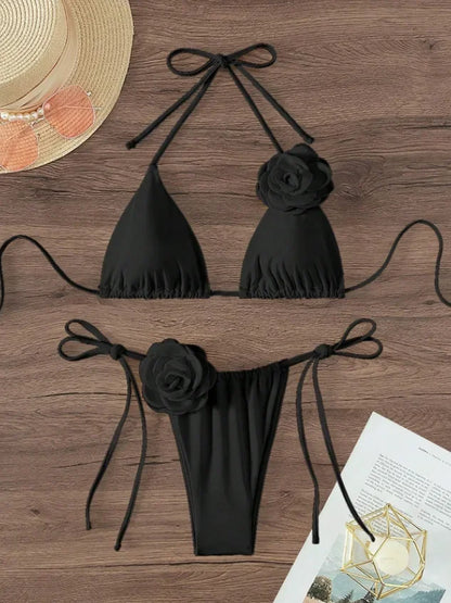 3D-Blumen Halter-Bikini – Zweiteiliges Set mit Trägerdesign