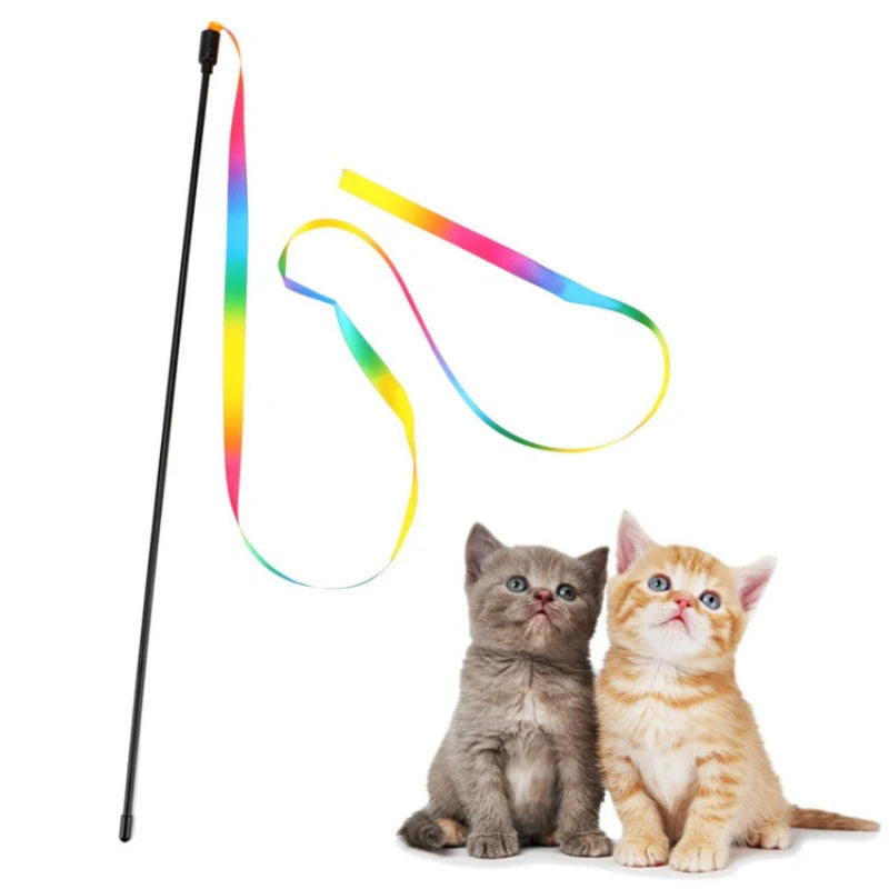 Katzenspielangel mit bunten Regenbogenbändern – interaktiv, lustig und ideal zum Jagen, Springen und gemeinsame Spielzeit.