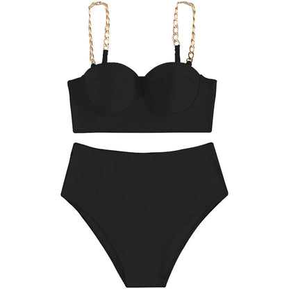 High-Waist Bikini Set – Gepolstertes Top mit Kettenträgern in 7 Farben