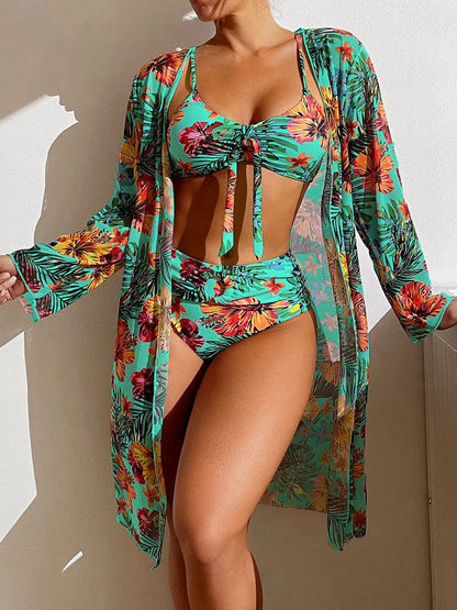 High-Waist Bikini Set – Dreiteiliges Design mit Blumenprint und Mesh-Bluse
