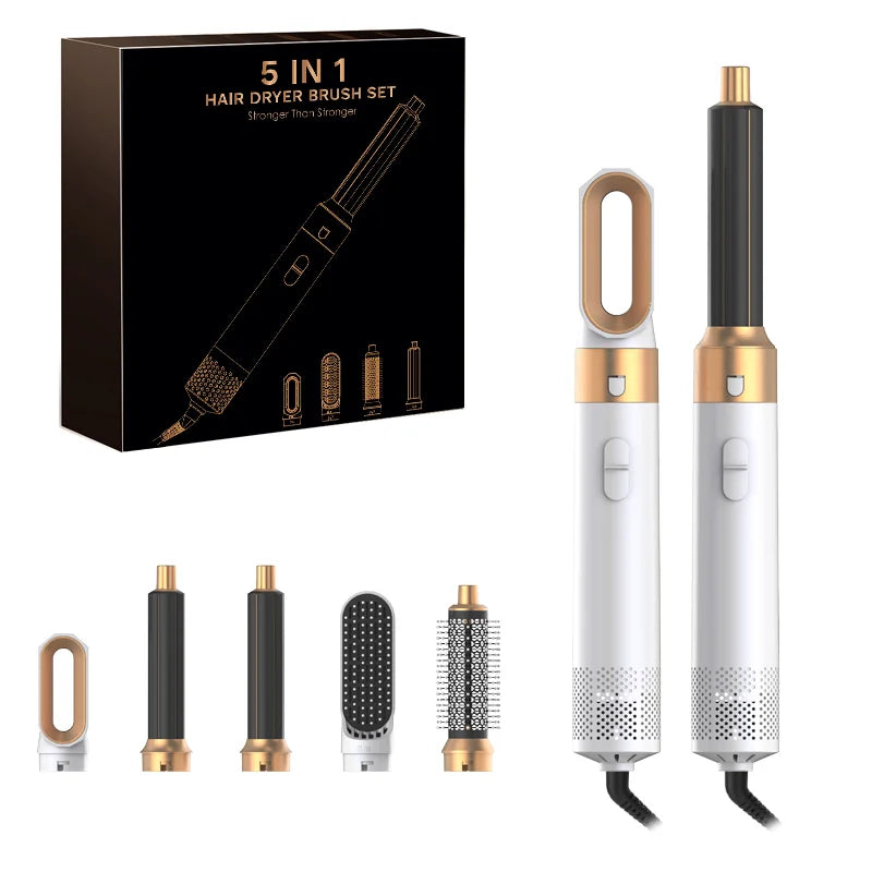 5-in-1 Heißluftstyler mit Föhn, Lockenstab & Glättaufsätzen – vielseitig, leistungsstark und ideal für flexibles Haarstyling zu Hause.