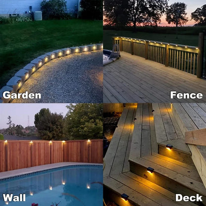 Wasserdichte Solar-LEDs für Treppen und Geländer – ideal für Terrasse, Zaun oder Wegbeleuchtung.