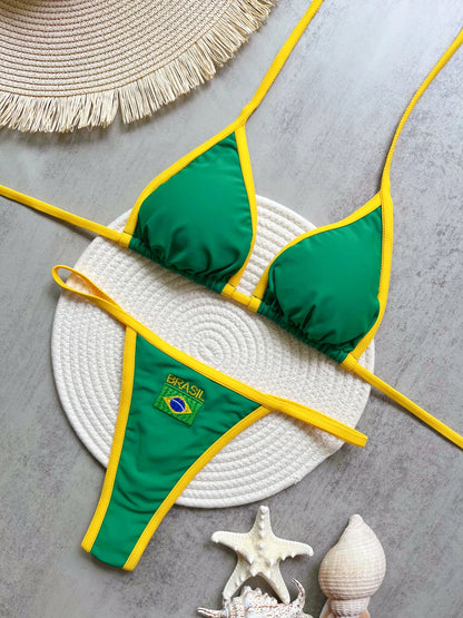 Brasil Flag Bikini-Set – Stylisches Patchwork-Design mit Stickerei & Kontrastdetails