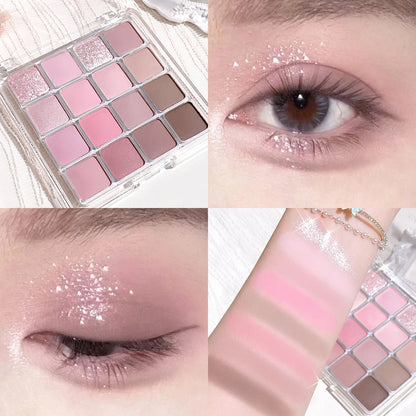 Lidschattenpalette mit 16 Sunset-Farbtönen – Mix aus matten & schimmernden Erdtönen, ideal für vielseitige Alltags- und Abendlooks im Korean-Style.