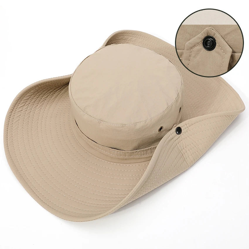 Modischer Bucket Hat im Cowboy-Stil mit breiter Krempe – atmungsaktiv, UV-schützend und ideal für Angeln, Wandern oder Strand.