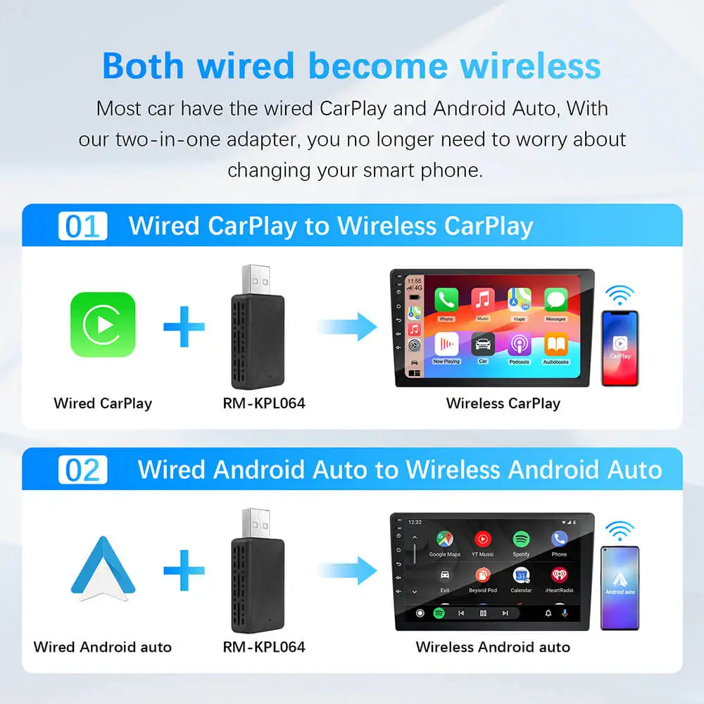 2in1 CarPlay & Android Auto Adapter – macht kabelgebundene Systeme kabellos, USB-Anschluss, Plug-and-Play für OEM-Autoradios.