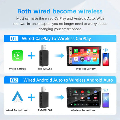 2in1 CarPlay & Android Auto Adapter – macht kabelgebundene Systeme kabellos, USB-Anschluss, Plug-and-Play für OEM-Autoradios.