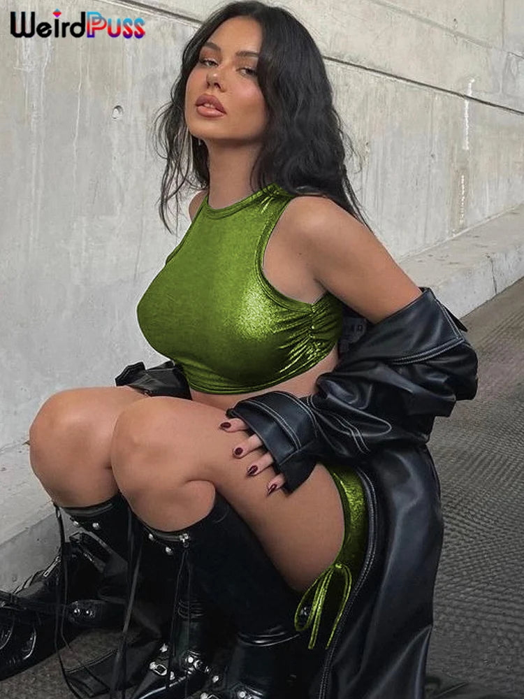 Transparenter 2-Teiler – Glänzendes Tanktop ohne Taille & geraffter Rock im Streetwear-Style